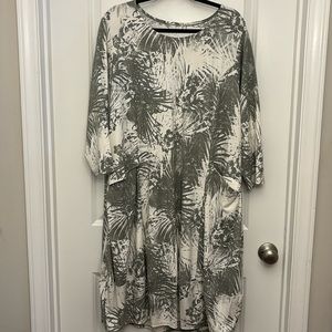 Wynne Layers Abstract Floral Print Dress Midi Green Pockets Lagenlook 2X